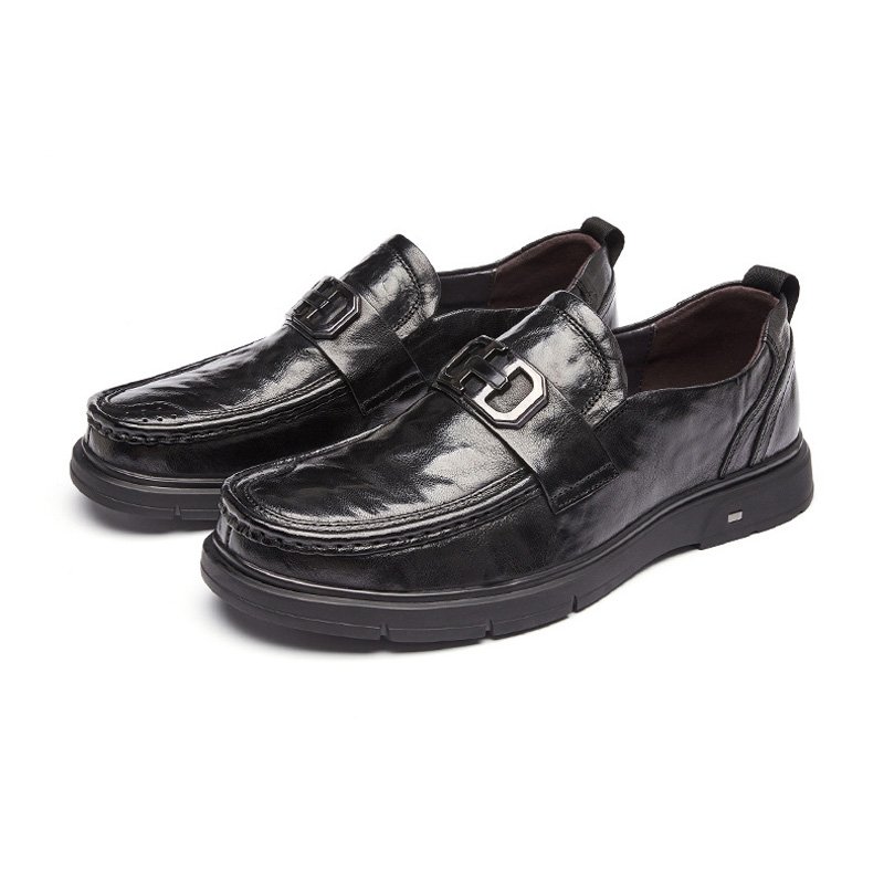 Formele Herenschoenen Loafer Retro Ronde Neus Koe Lederen Metalen Gesp - Zwart