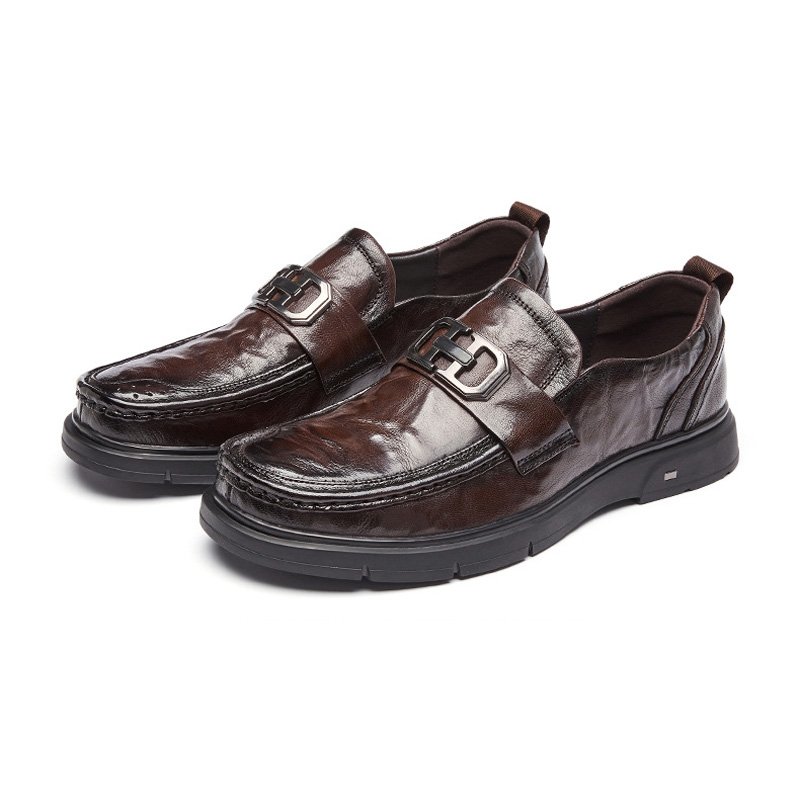 Formele Herenschoenen Loafer Retro Ronde Neus Koe Lederen Metalen Gesp - Bruin