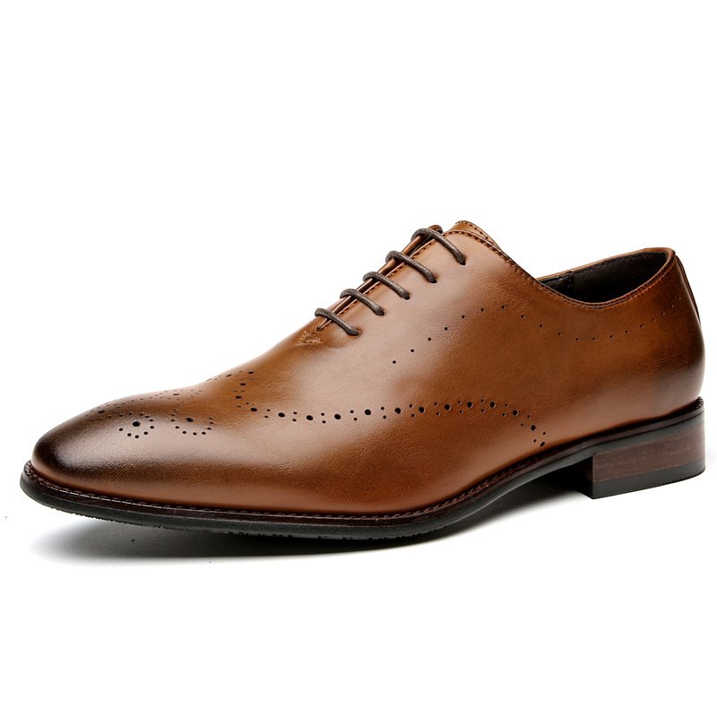 Formele Herenschoenen Oxford Brogue Gesneden Gebeitelde Teen Houten Hak - Geel