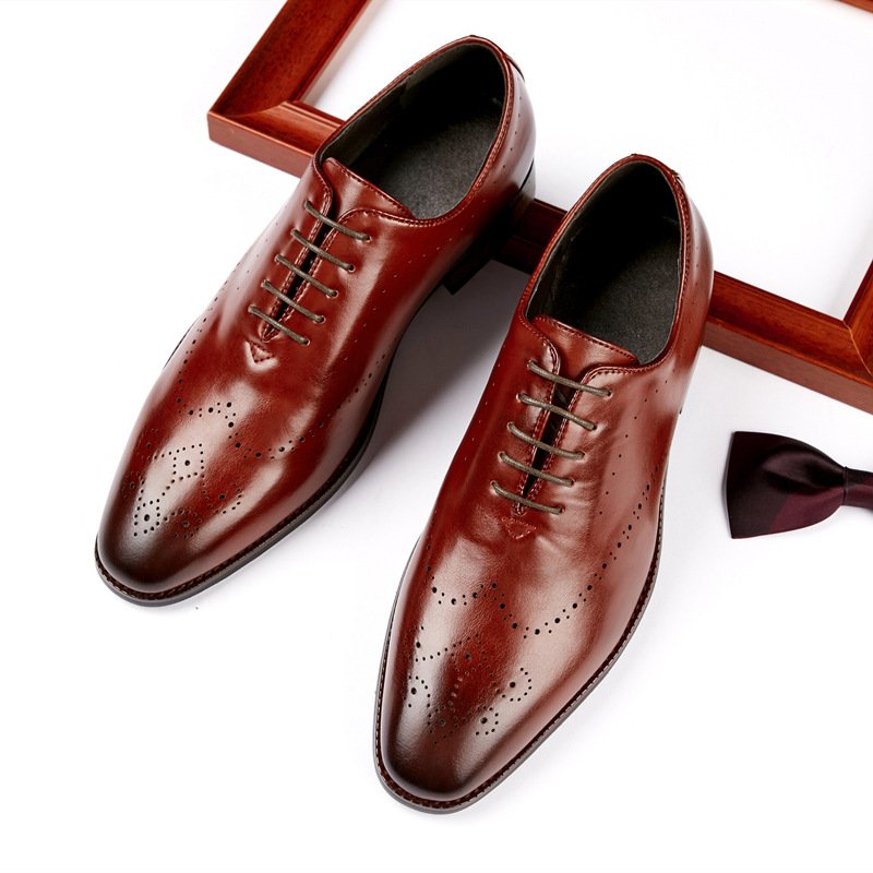 Formele Herenschoenen Oxford Brogue Gesneden Gebeitelde Teen Houten Hak - Rood