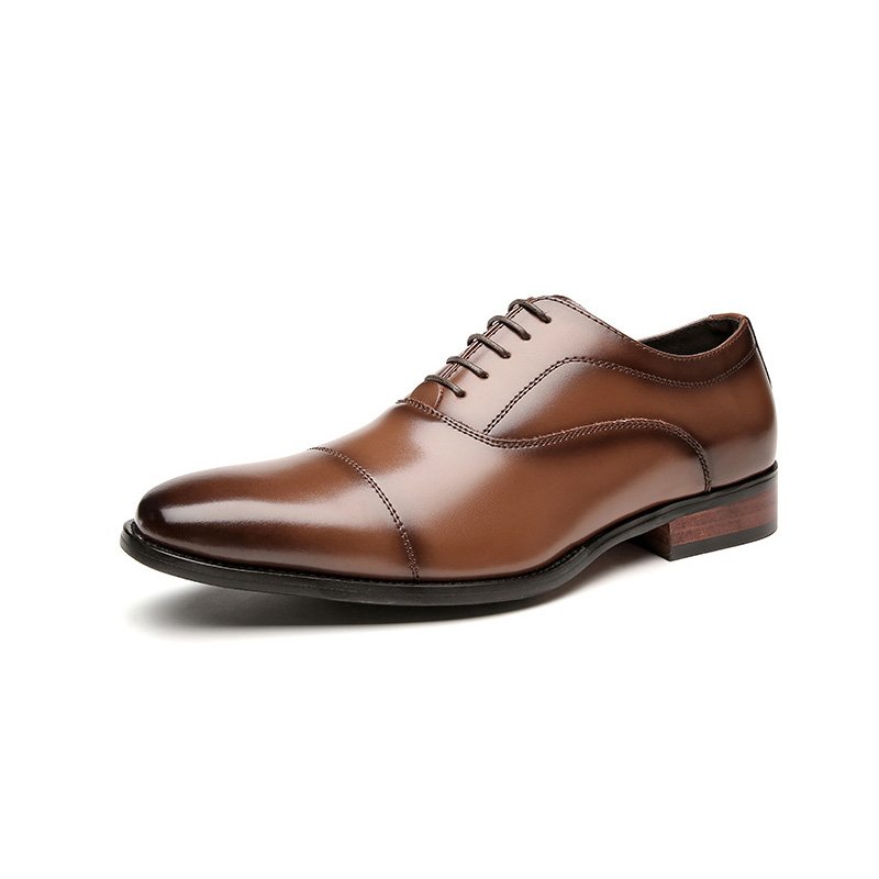 Formele Herenschoenen Oxford Cap Toe Koeienleer Houten Hak - Bruin