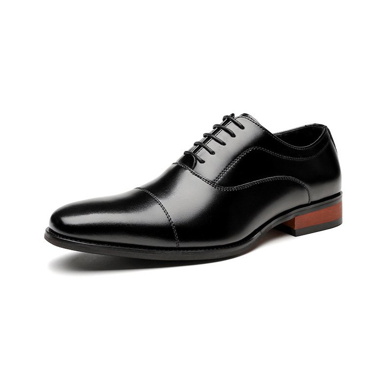 Formele Herenschoenen Oxford Cap Toe Koeienleer Houten Hak - Zwart