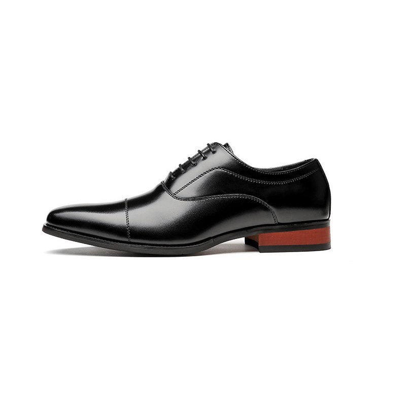 Formele Herenschoenen Oxford Cap Toe Koeienleer Houten Hak - Zwart