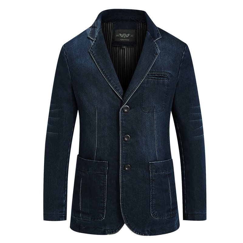 Herenblazer Sportjas Denim Slim Drie Knoppen Opgezette Zakken