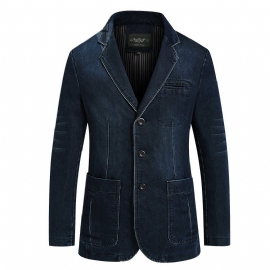 Herenblazer Sportjas Denim Slim Drie Knoppen Opgezette Zakken