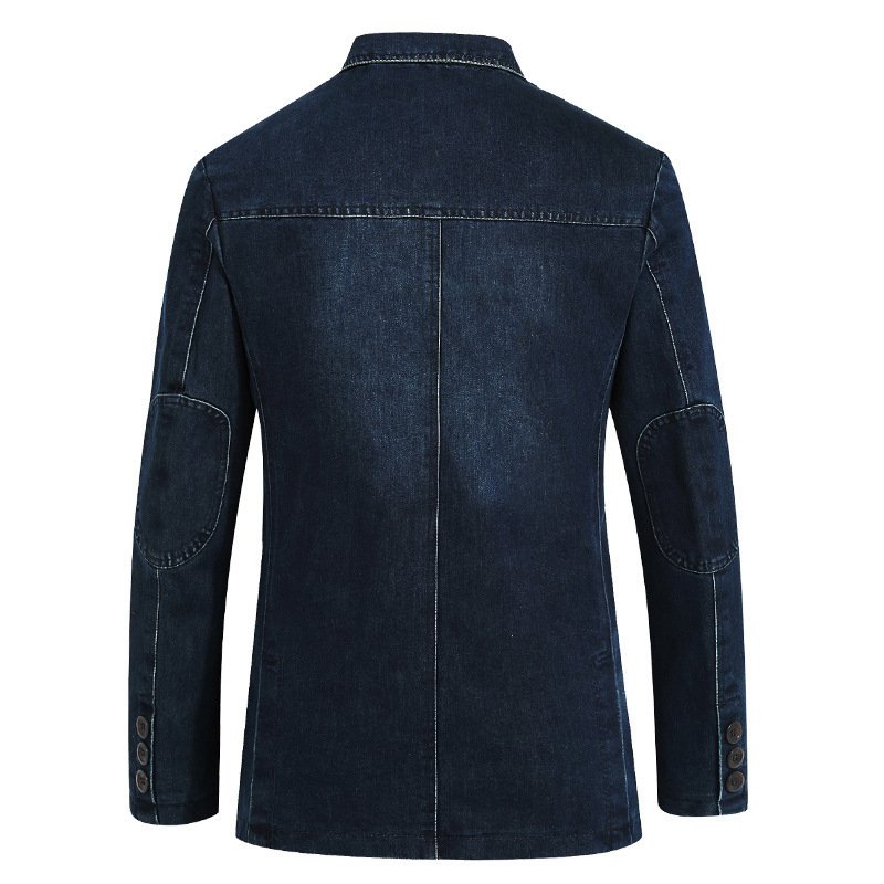 Herenblazer Sportjas Denim Slim Drie Knoppen Opgezette Zakken - Donkerblauw