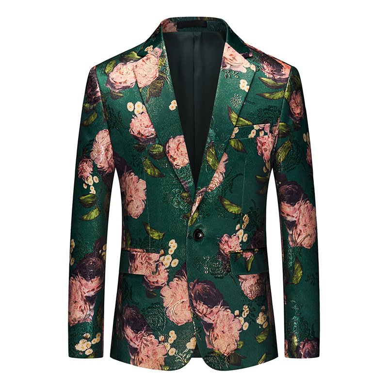 Herenblazer Sportjas Jacquard Eén Knop Platte Kraag Klepzakken Bloemenpatroon