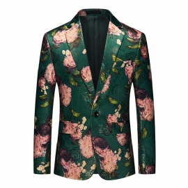 Herenblazer Sportjas Jacquard Eén Knop Platte Kraag Klepzakken Bloemenpatroon