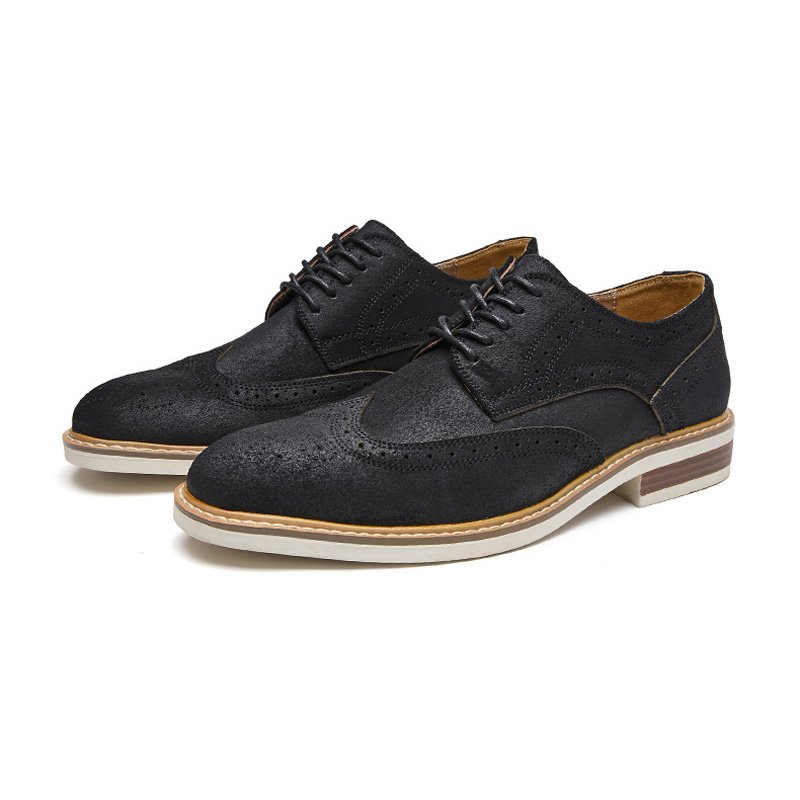 Herenkledingschoenen Brogue Suède Koeienleer Retro Derby Schoenen Ronde Neus - Zwart