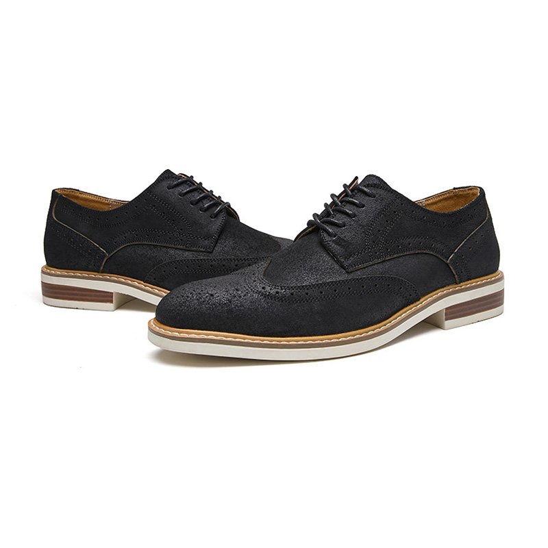 Herenkledingschoenen Brogue Suède Koeienleer Retro Derby Schoenen Ronde Neus - Zwart