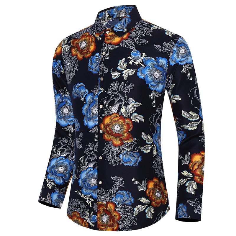 Oversized Overhemd Heren Mode-bloemmotief Met Lange Mouwen - Blauw